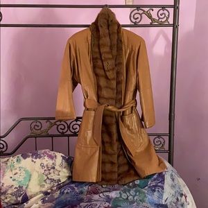 Woman’s leather coat,  detachable fox trim.